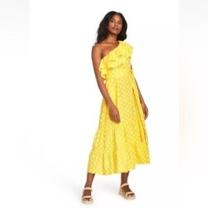 New Lisa Marie Fernandez Target One Shouler Midi Dress Yellow Polka Dot Linen